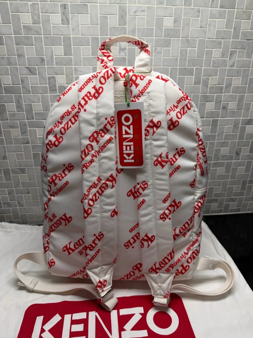 Kenzo Paris Logo Print Backpack Off White Red Allover Logo Canvas New With Tags